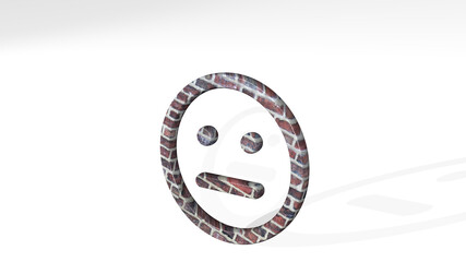 smiley indifferent casting shadow from a perspective. A thick sculpture made of metallic materials of 3D rendering. illustration and face