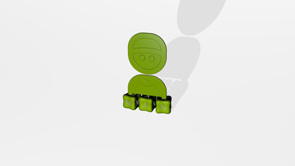 3D representation of man with icon on the wall and text arranged by metallic cubic letters on a mirror floor for concept meaning and slideshow presentation