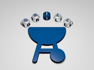 3D illustration of GRILL graphics and text around the icon made by metallic dice letters for the related meanings of the concept and presentations. barbecue and background