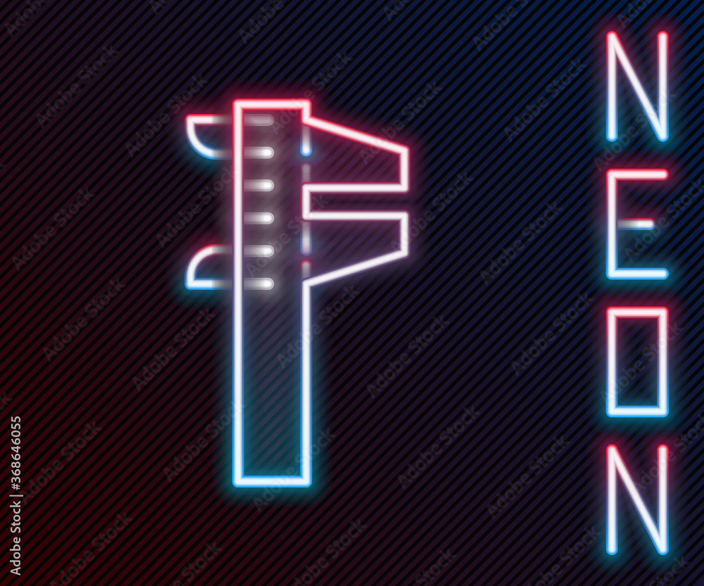 Poster glowing neon line calliper or caliper and scale icon isolated on black background. precision measuri