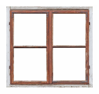 Old wooden window with four pane on white background