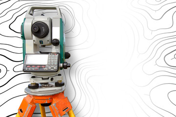 Surveyors Topography. Concept - creating a topographic plan. Total Station on background of...