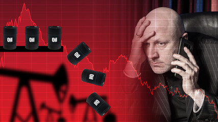 The man is upset that oil has fallen in price. Oil barrels are falling down. Concept - a man lost...