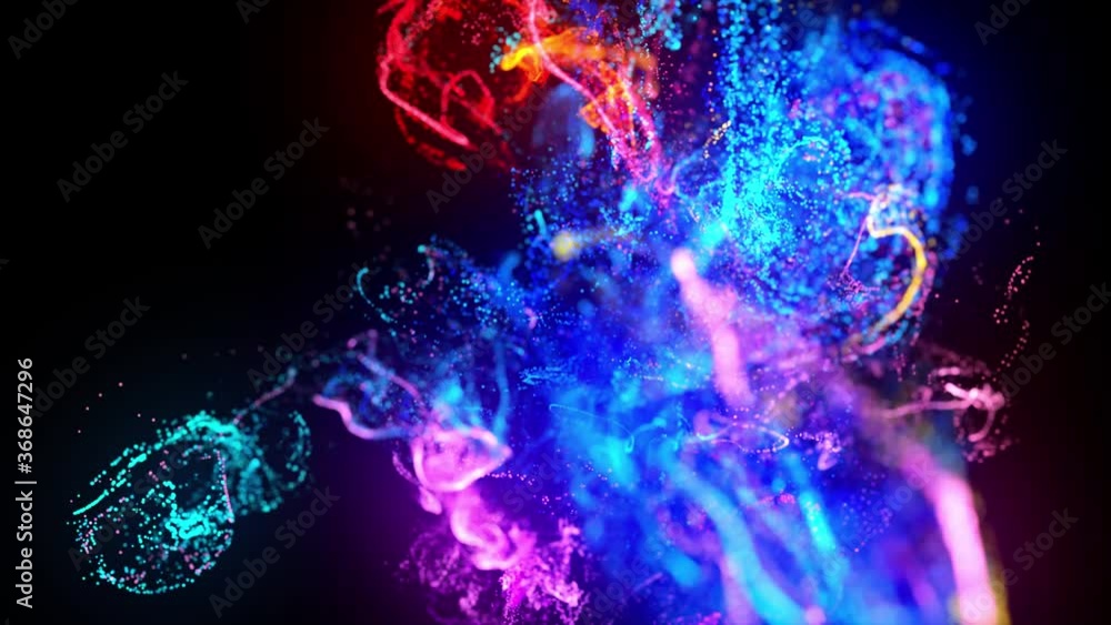 Aufkleber inject fluorescent ink in water in 4k. 3d render of glow particles in ink flow. luma matte as alpha 