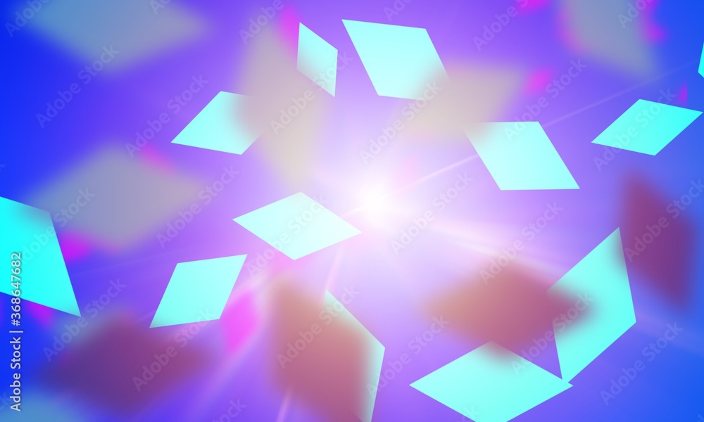 Poster abstract background in blue. many rhombuses fly from the center. bright light in the center of the i