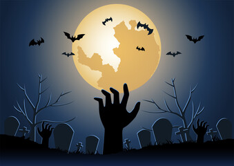 Halloween background with zombie hand raise from underworld on Halloween night