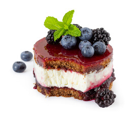 Cheesecake with fresh mint, blueberries and blackberries, blueberry jam and jelly