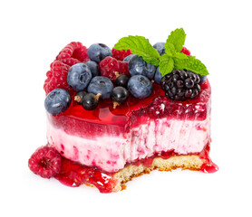 Cheesecake with fresh berries, mint, jelly and raspberries jam