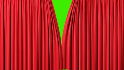 Red velvet theater curtains in motion. Opening and closing curtains with green chroma key, 4k.