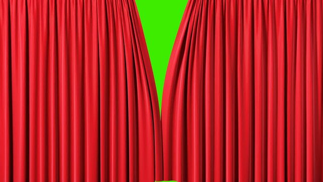 Red velvet theater curtains in motion. Opening and closing curtains with green chroma key, 4k.