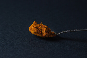 Red ground pepper on a black background. A spoonful of red ground pepper. Spicy seasoning