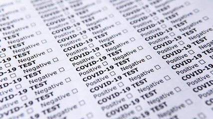 Blank labels for medical test tubes. The inscription "COVID-19 Test" with a mark of a positive or negative result. Medical concept. Wuhan virus. World pandemic.