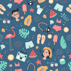 Seamless pattern with design elements related to summer and vacation	