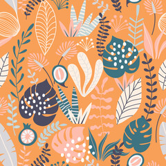 Seamless pattern with abstract forms and leaves ornament	