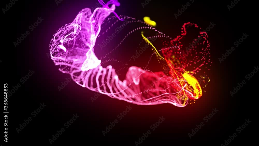 Poster injection of fluorescent red violet ink in water in 4k. 3d render of glow particles in ink flow. lum