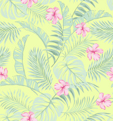 Tropical vector seamless background. Jungle pattern with exitic flowers, and palm leaves. Stock vector. Jungle vector vintage wallpaper