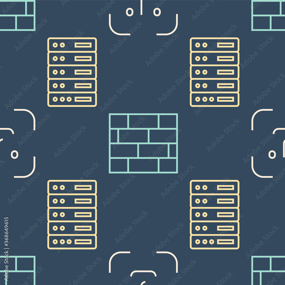 Poster set line face recognition, server, data, web hosting and bricks on seamless pattern. vector.