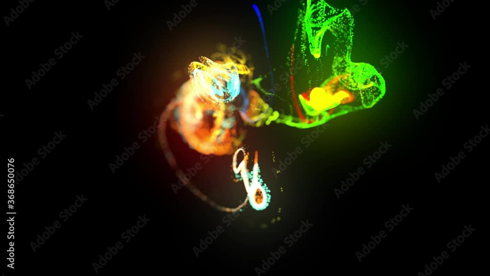 Poster injection of fluorescent multicolor ink in water in 4k. 3d render of glow particles in ink flow. lum