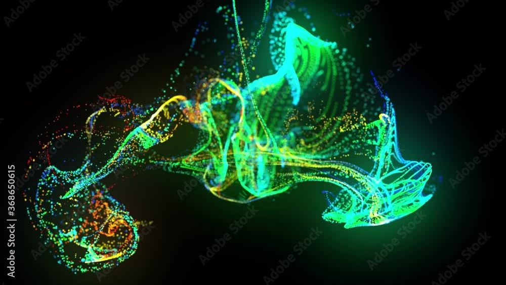 Poster injection of fluorescent multicolor ink in water in 4k. 3d render of glow particles in ink flow. lum