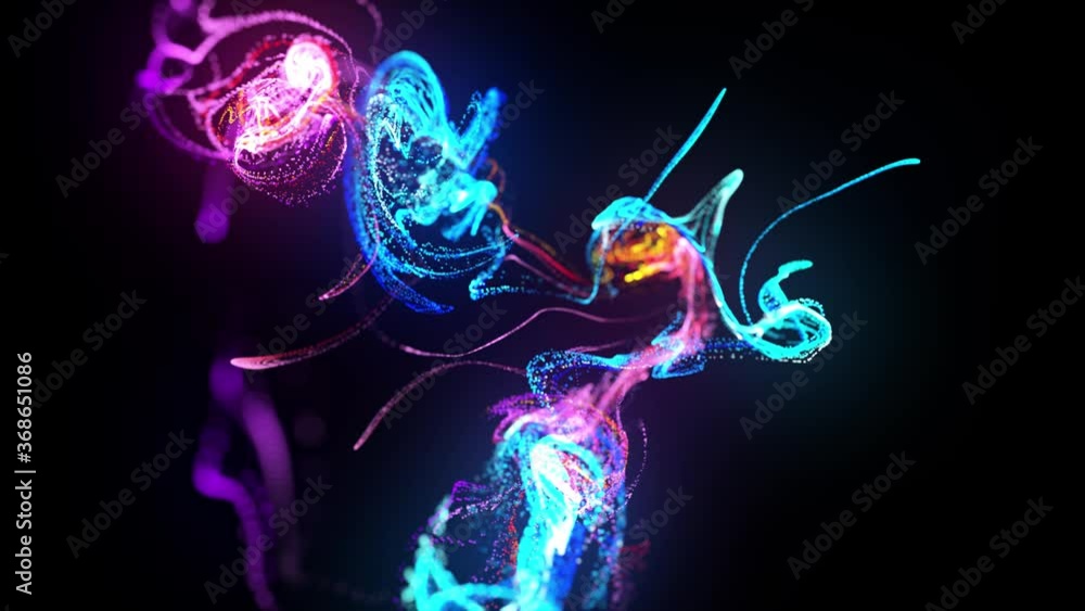 Poster injection of fluorescent ink in water in 4k. 3d render of glow particles in ink flow. interaction of