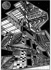 Architectural, cosmic abstraction, building, structure, construction, consisting of blocks, communications, stairs, very high, in perspective, stands on a planet in space, among the stars.