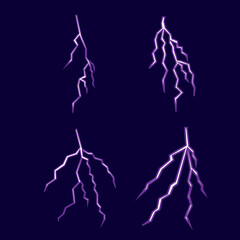 Illustration with purple white lightning collection isolated on purple background. Set of lightnings. Natural phenomena, blue thunderbolt flares. Lightning bolts realistic vector illustrations set.