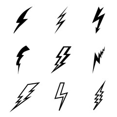 Thunderbolt, lightning strike sign. Black thunder icons on a white background. Vector set of black thunder icons. Vector illustration