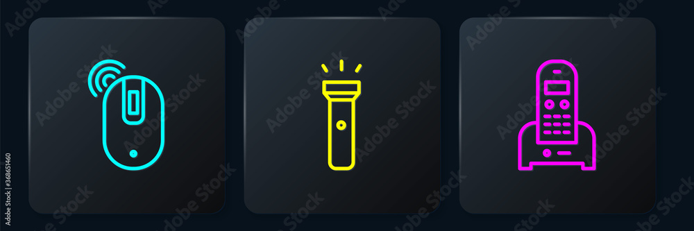 Poster set line wireless computer mouse, telephone and flashlight. black square button. vector.