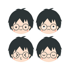 A boy wearing round eyeglasses, a boy face, a boy emotional, emoticon