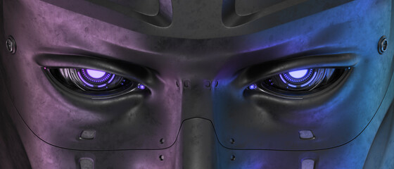 Steel robotic eyes, 100% sci-fi vision implants, 3d rendering 
