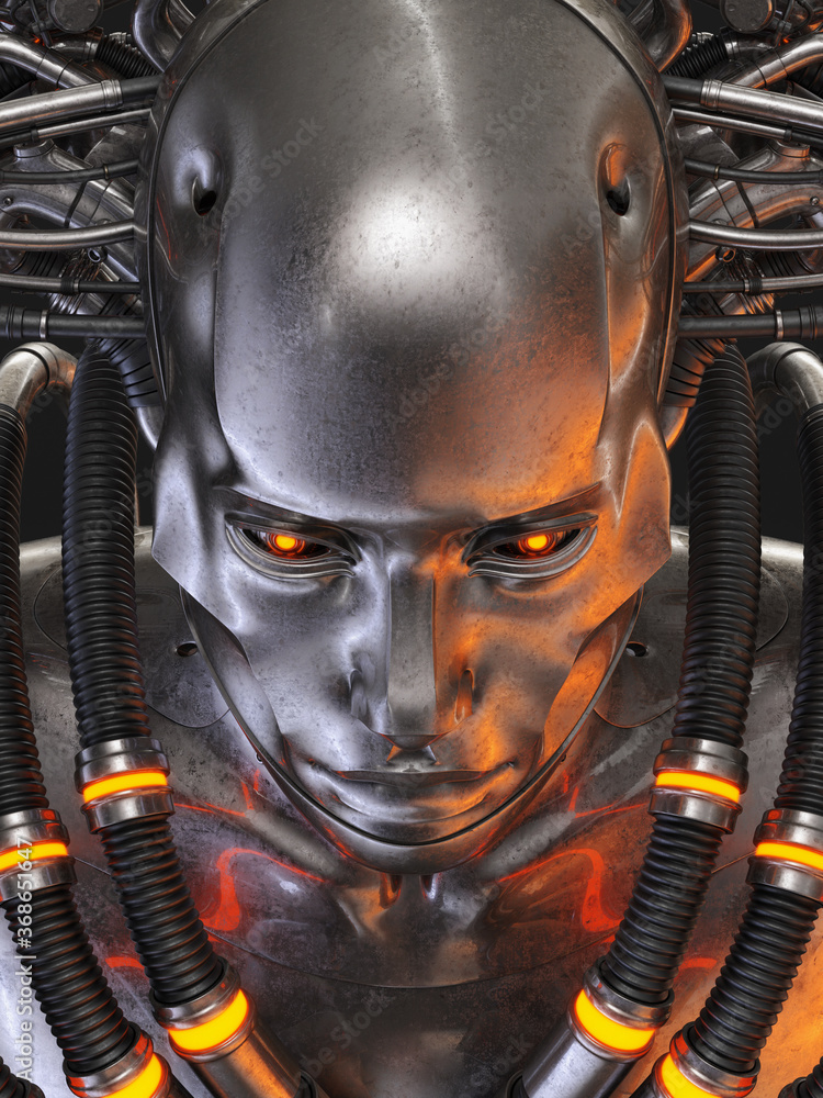 Poster connected robotic fortune teller with multiple wires, 3d rendering on dark background