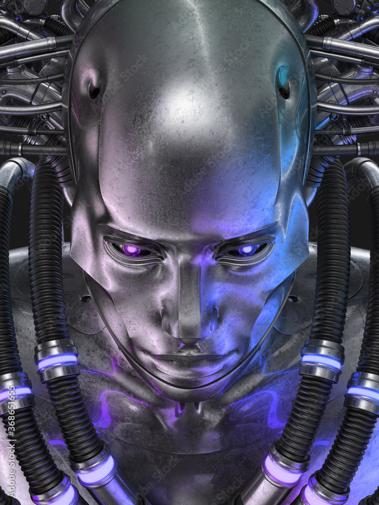 Poster connected robotic fortune teller with multiple wires, 3d rendering on dark background