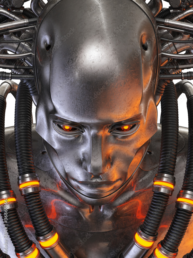 Poster connected robotic fortune teller with multiple wires, 3d rendering on white background