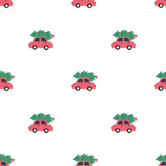 Christmas seamless pattern with red car and Christmas tree on the roof. Vector illustration