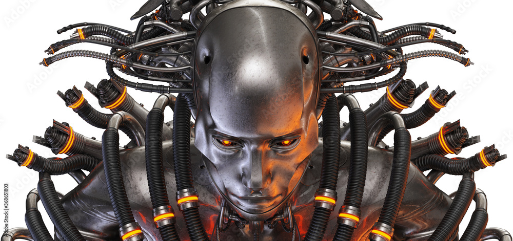 Poster connected robotic fortune teller with multiple wires, 3d rendering on white background