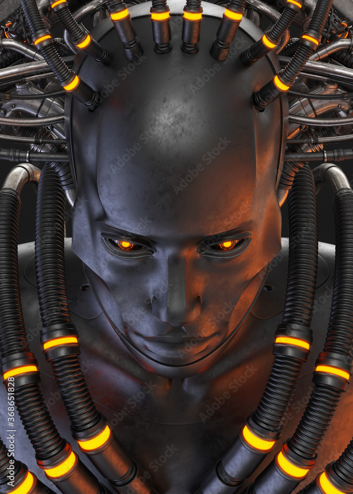 Poster connected robotic fortune teller with multiple wires, 3d rendering on dark background
