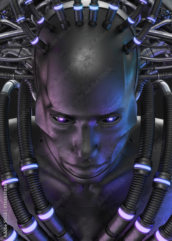 Poster connected robotic fortune teller with multiple wires, 3d rendering on dark background