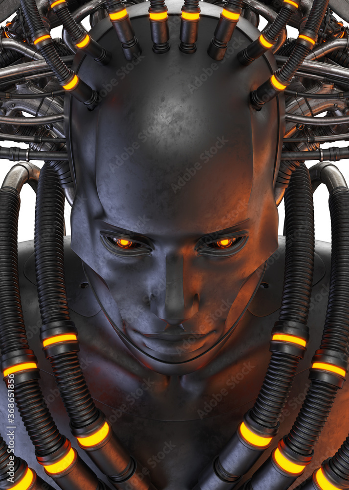 Poster connected robotic fortune teller with multiple wires, 3d rendering on white background