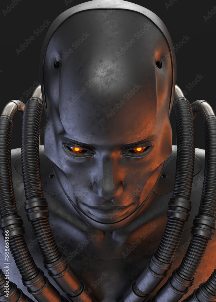 Poster connected robotic fortune teller with multiple wires, 3d rendering on dark background