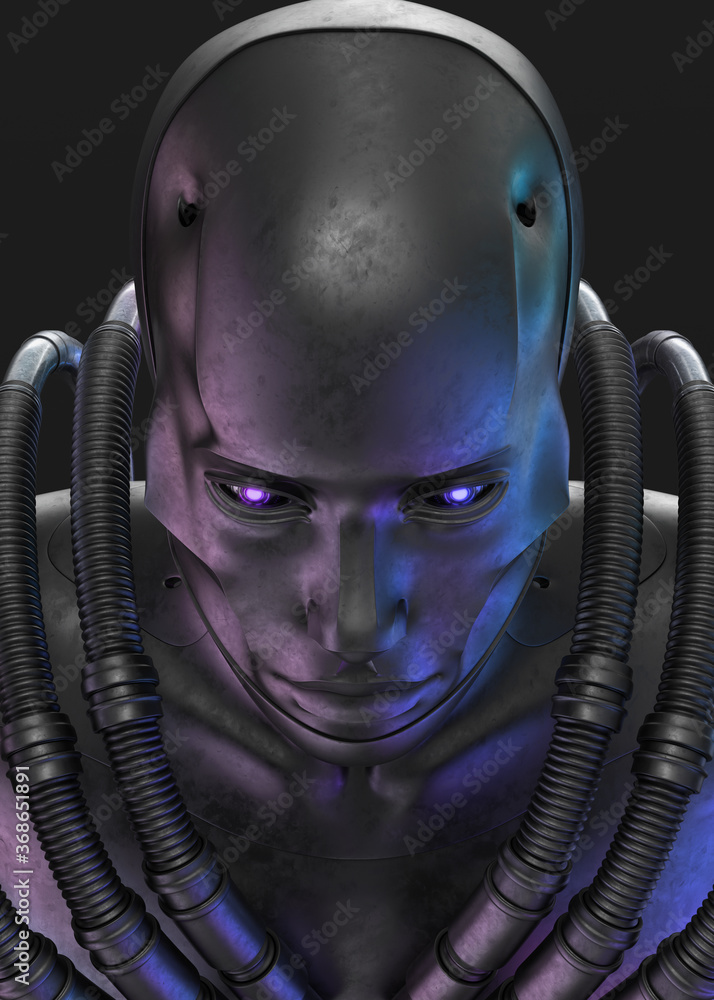 Poster connected robotic fortune teller with multiple wires, 3d rendering on dark background
