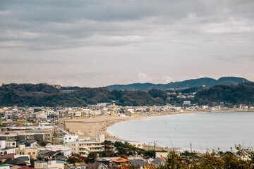Yuigahama beach and seaside village from Hasedera temple in Kamakura, Japan