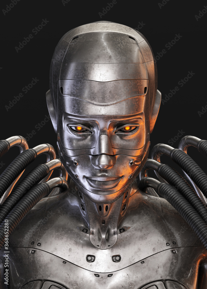 Poster connected robotic woman head with multiple wires, 3d rendering on dark background