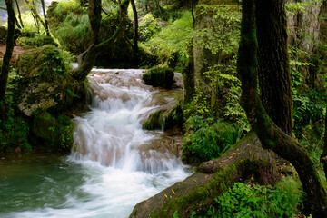 Gostilije waterfall falling from rock in Zlatibor resort of Western Serbia