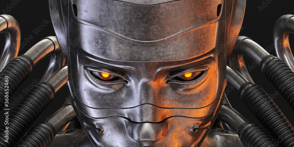 Poster connected robotic head with multiple wires, 3d rendering on dark background