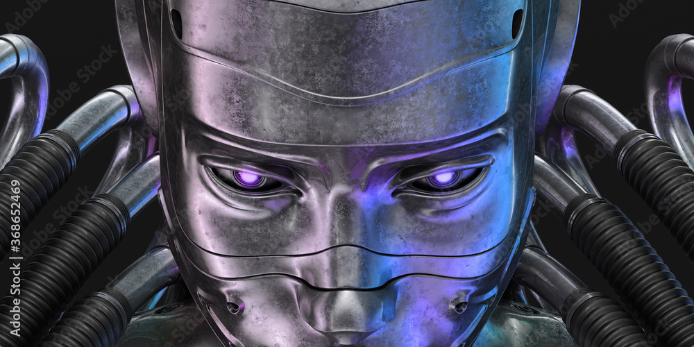 Poster connected robotic head with multiple wires, 3d rendering on dark background