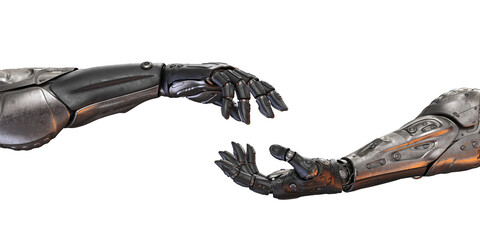Bionic steel sci-fi arm giving something to another futuristic hand, 3d rendering on white background - obrazy, fototapety, plakaty
