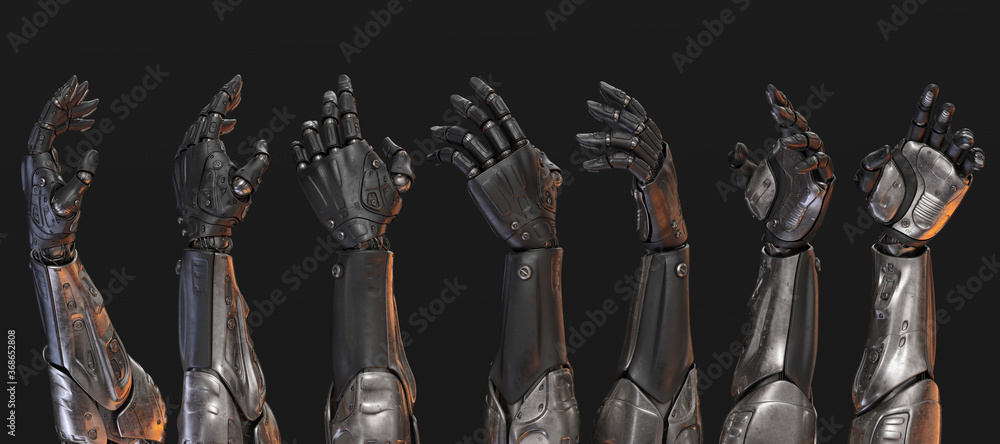 Poster set of artificial sci-fi robotic arms, 3d rendering on black background in different poses