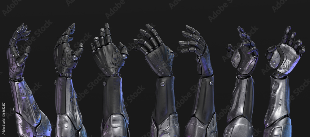 Poster set of artificial sci-fi robotic arms, 3d rendering on black background in different poses