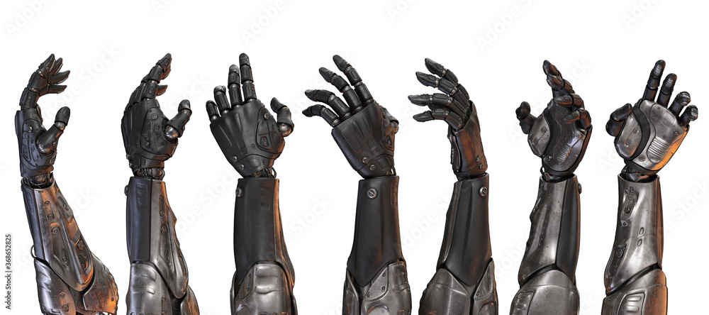 Poster set of artificial sci-fi robotic arms, 3d rendering on white background in different poses
