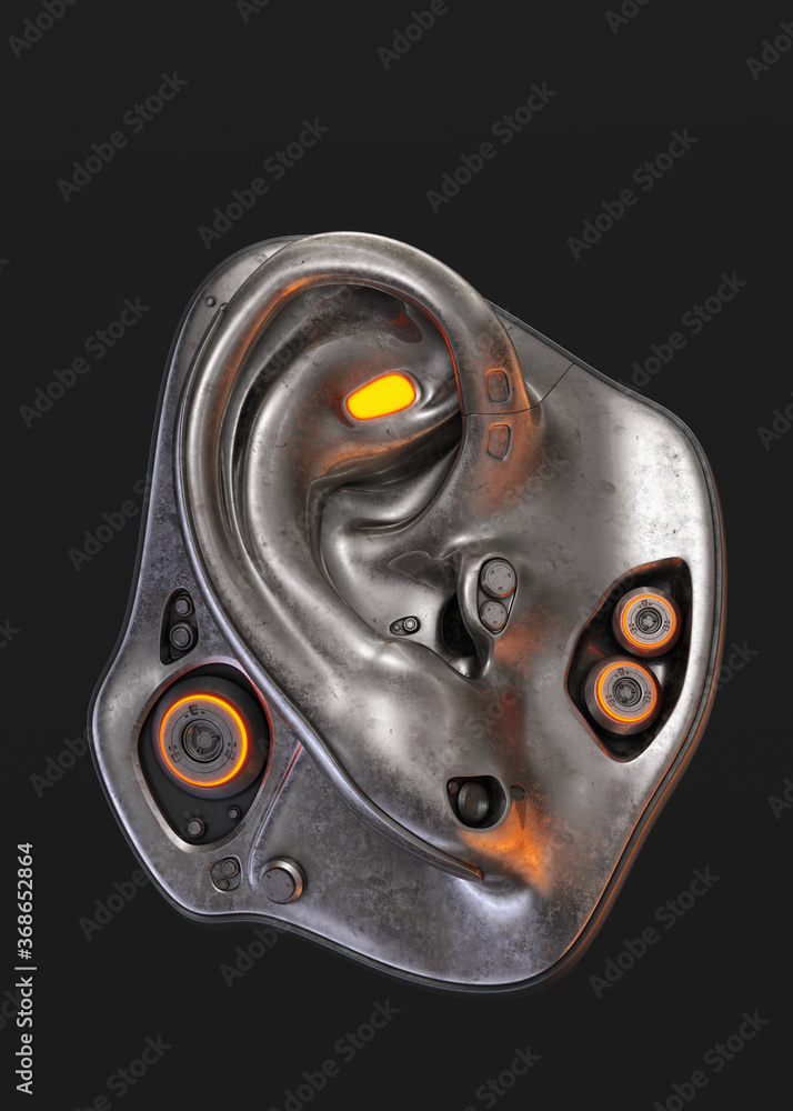 Poster futuristic robot hearing organ/ robotic ear 3d rendering on dark background